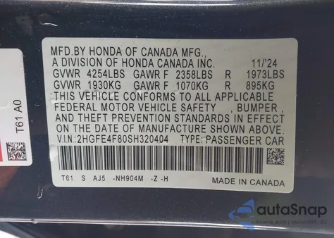 2025 Honda Civic Hybrid Sport/Sport Touring z USA, uszkodzony, nr VIN 2HGFE4F80SH320404